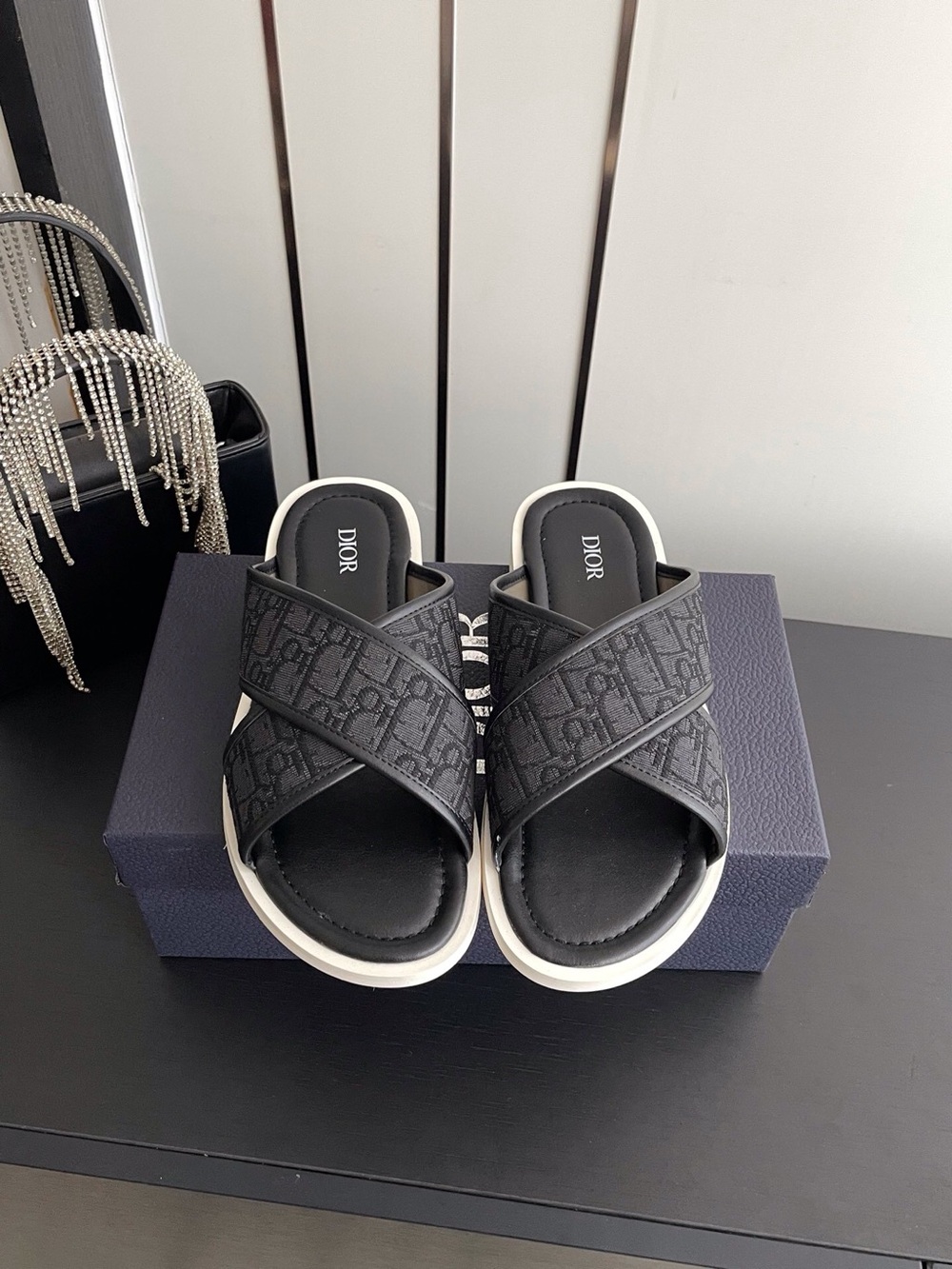 Dior Black and White Monogram Cross-Strap Slide Sandals